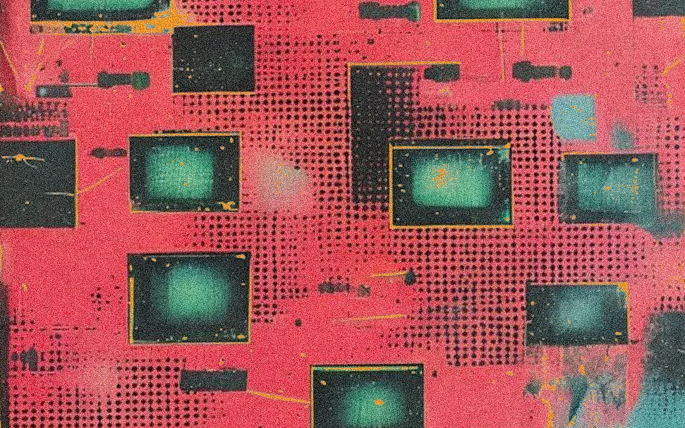 Televisores antiguos repartidos sobre un fondo rojo tramado, todos con la misma pantalla verde encendida